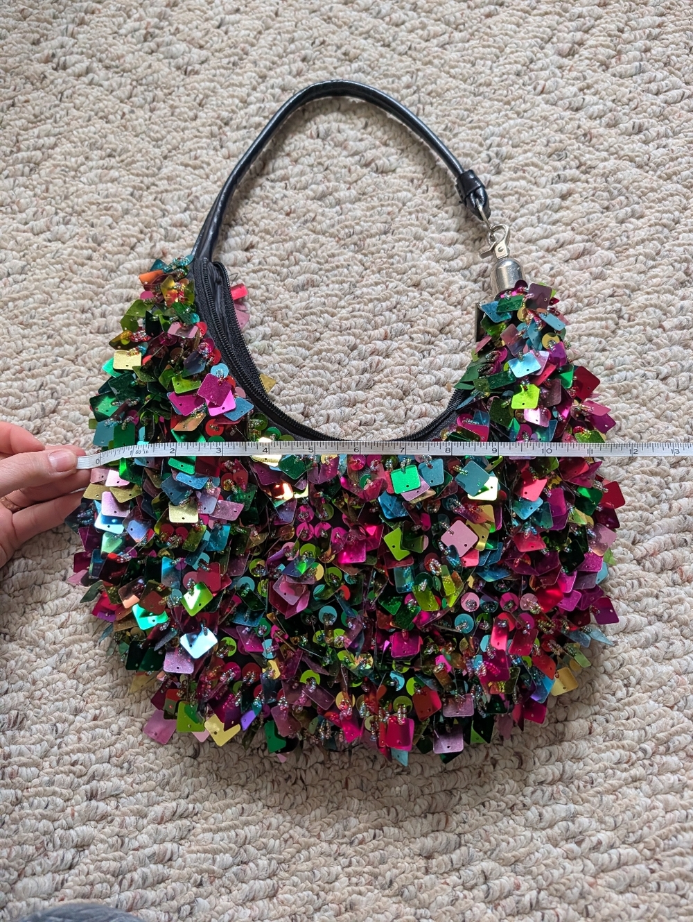 Vintage Y2K 2000s Rainbow Multicolor Sequin Beaded Hobo Bag Purse Leather - Picture 3 of 5